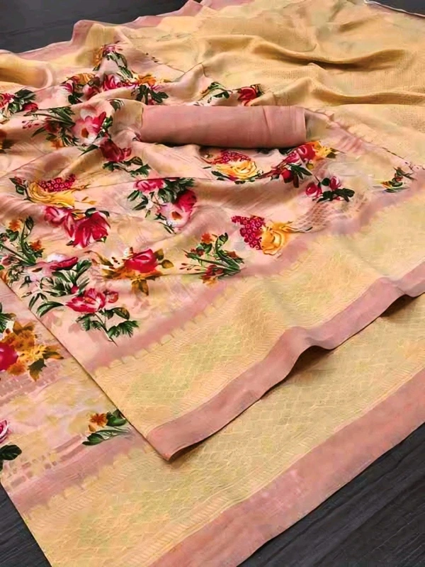 FLORAL PRINTED BLEND SAREE. Elevate your elegance with this exquisite floral-printed blend saree. Crafted from a soft and lightweight fabric, it offers both comfort and sophistication, making it perfect for casual and semi-formal occasions. - Free Size