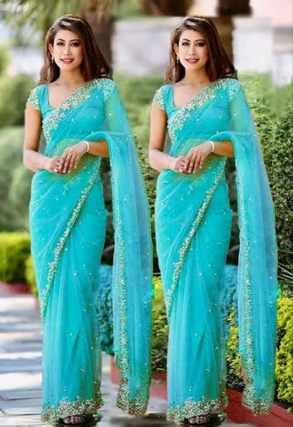 hazaar butti Net Aqua Blue Embroidered Saree. Paired with a matching blouse, the saree offers a contemporary yet traditional look. Its lightweight nature ensures comfort while draping beautifully, allowing you to make a graceful statement wherever you go. - Free Size