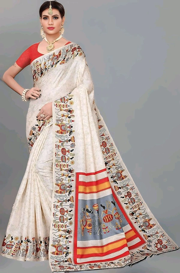 Silk White Saree With Blouse. This elegant white silk saree exudes timeless grace and sophistication. Made from premium-quality silk, it features a smooth, lustrous texture that drapes beautifully, enhancing your silhouette.  - Free Size