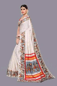 Silk White Saree With Blouse. This elegant white silk saree exudes timeless grace and sophistication. Made from premium-quality silk, it features a smooth, lustrous texture that drapes beautifully, enhancing your silhouette.  - Free Size