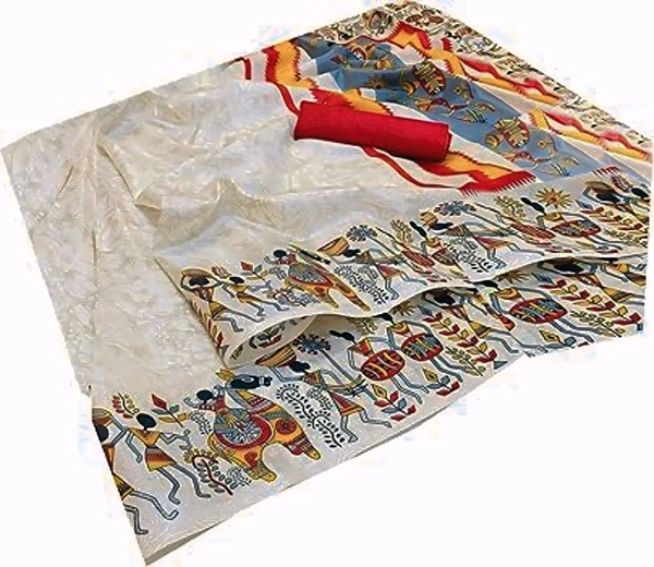 Silk White Saree With Blouse. This elegant white silk saree exudes timeless grace and sophistication. Made from premium-quality silk, it features a smooth, lustrous texture that drapes beautifully, enhancing your silhouette.  - Free Size