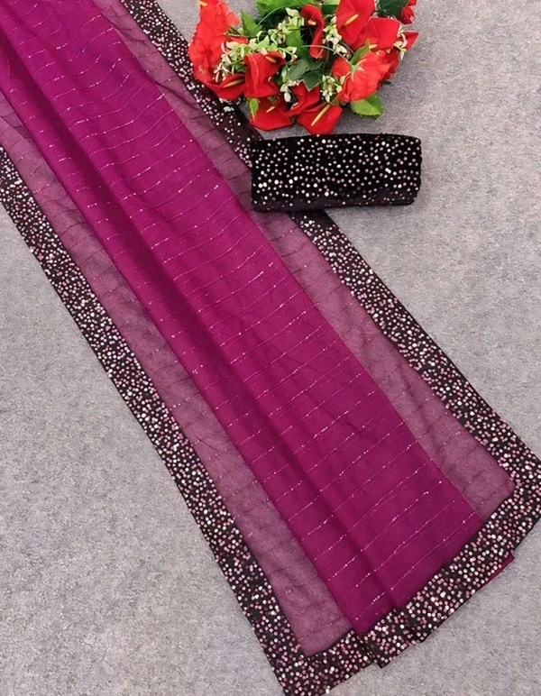 UNIQUE DESIGN SEQUINS WORK SAREE WITH BLOUSE PIECE. This masterpiece features intricate sequin work crafted in a rhythmic pattern that reflects timeless sophistication. Designed to make every occasion extraordinary, this saree combines luxury with comfort, perfect for weddings, parties, or festive gatherings. - Free Size