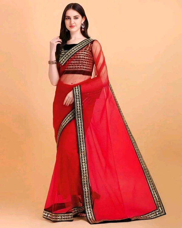 Net Red Lace border Saree With Blouse. Elevate your elegance with our exquisite Net Lace Saree, a perfect blend of sophistication and glamour. Crafted from high-quality net fabric, this saree features intricate lace detailing that exudes timeless charm. - Free Size