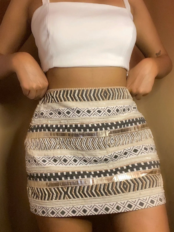Zara Trafaluc Beaded Skirt - Beige/Gold, M