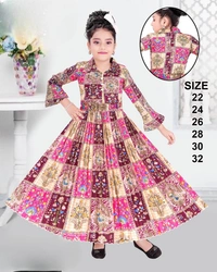 Girls' Ethnic Printed Long Gown – Multicolor Patchwork Style with Full Flare | Traditional Party Wear Dress