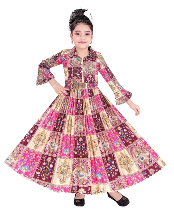 Girls' Ethnic Printed Long Gown – Multicolor Patchwork Style with Full Flare | Traditional Party Wear Dress
