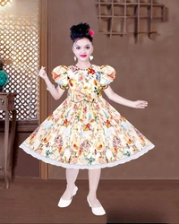 Girls' Floral Puff Sleeve Party Dress with Bow - FRILL FROCK