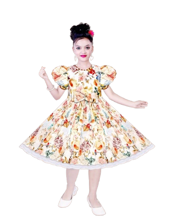 Girls' Floral Puff Sleeve Party Dress with Bow - FRILL FROCK