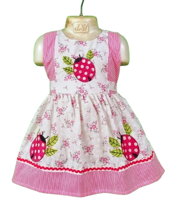 Girls' Cotton Sleeveless Frock with Ladybug Embroidery – Pink & White (16x18)