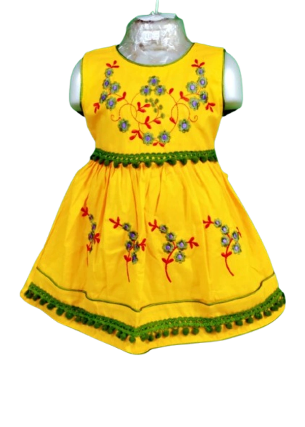Girls' Sleeveless Cotton Frock with Floral Embroidery – Yellow | Size 16x18