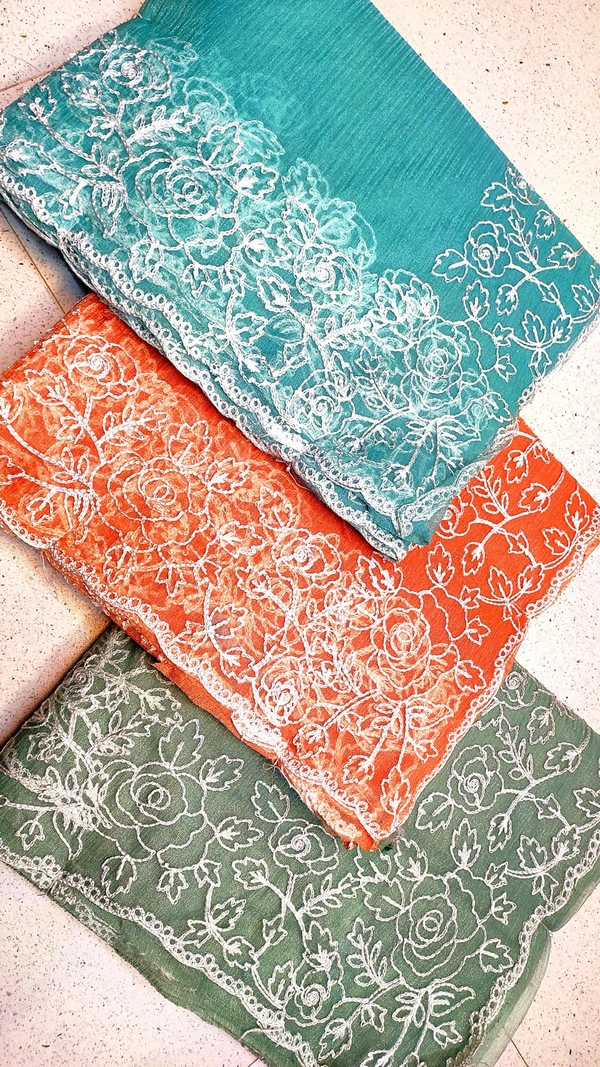 SARITA FANCY AMBROIDRYB WORK SAREE (PACK-3) - SKY BLUE, ORANGE , GREY