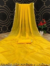 Embellished Pure Cotton Saree ( YELLOW )