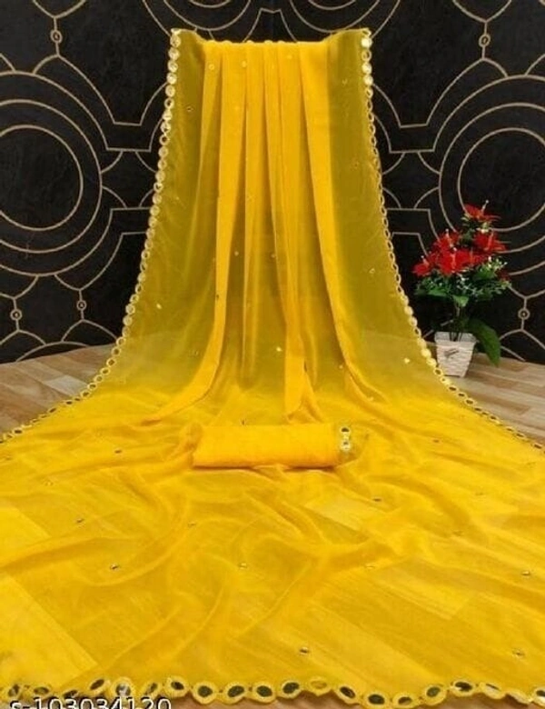 Embellished Pure Cotton Saree ( YELLOW )
