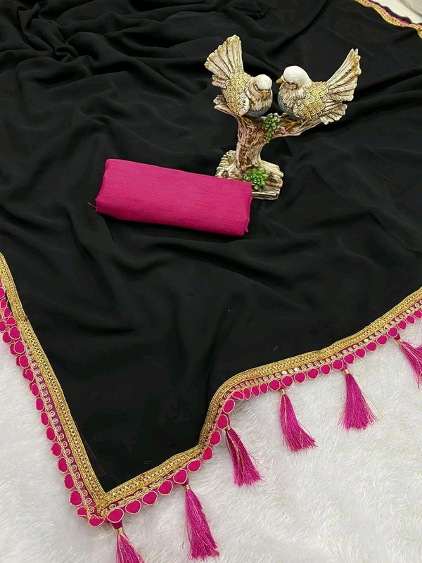 KHUSHI fancy Saree with Pink Lace   - BLACK