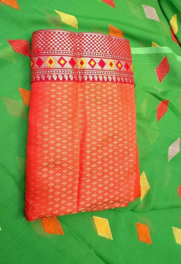 GREEN Saree With Wide Red Border