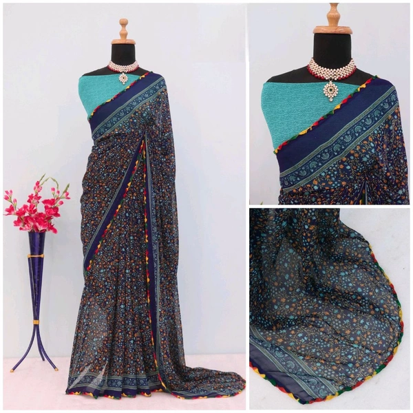 PRIYANKA Pure waitless Blue Mix Printed Saree With Multi Colours Lace - Blue Chill