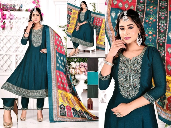 ROUND Work Kurti With Full Pair And Multi Colours Dupata - XL