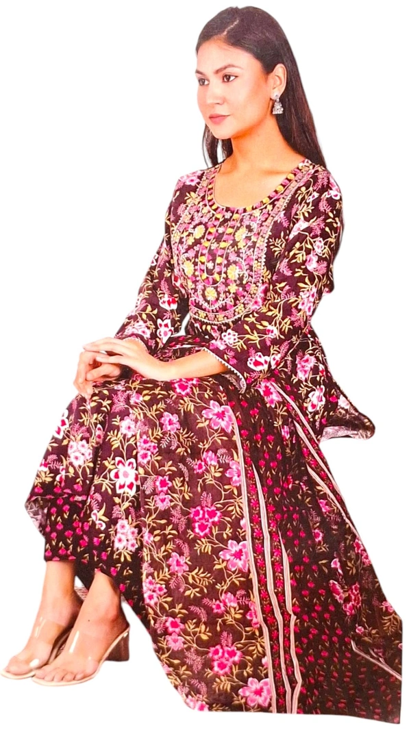 NYRA FLOREL Printed cotton Kurti With Ambrodry Work (Top_Bottom_Dupataa) - XL
