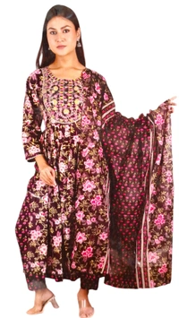 NYRA FLOREL Printed cotton Kurti With Ambrodry Work (Top_Bottom_Dupataa) - XL