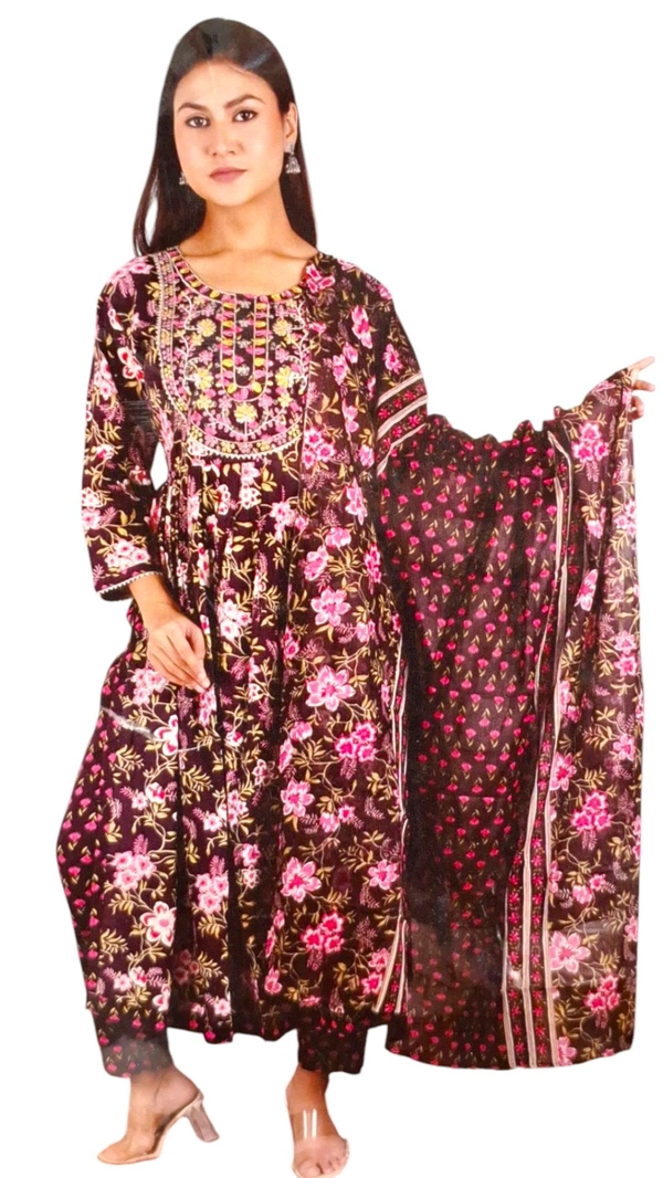 NYRA FLOREL Printed cotton Kurti With Ambrodry Work (Top_Bottom_Dupataa) - XL