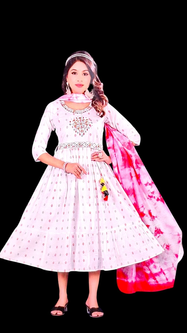 WHITE Anarkali Dress | Cotton Round Neck Dress for Women | Floral Dress | Printed Dress | Festive/Casual Dress | Dress for Women's | Straight Dress - XL