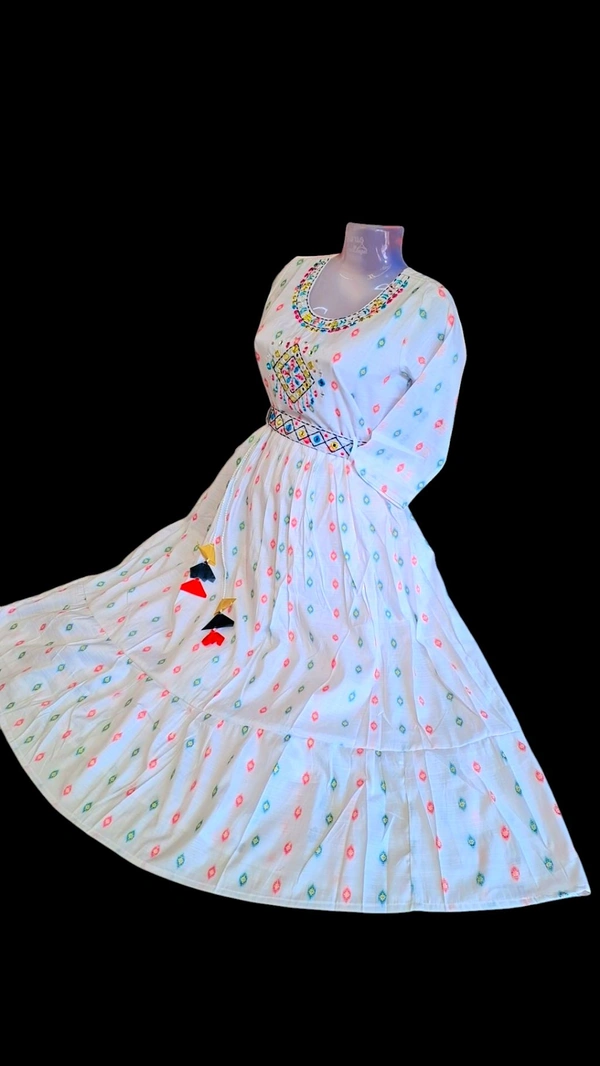 WHITE Anarkali Dress | Cotton Round Neck Dress for Women | Floral Dress | Printed Dress | Festive/Casual Dress | Dress for Women's | Straight Dress - XL