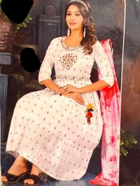 WHITE Anarkali Dress | Cotton Round Neck Dress for Women | Floral Dress | Printed Dress | Festive/Casual Dress | Dress for Women's | Straight Dress - XL