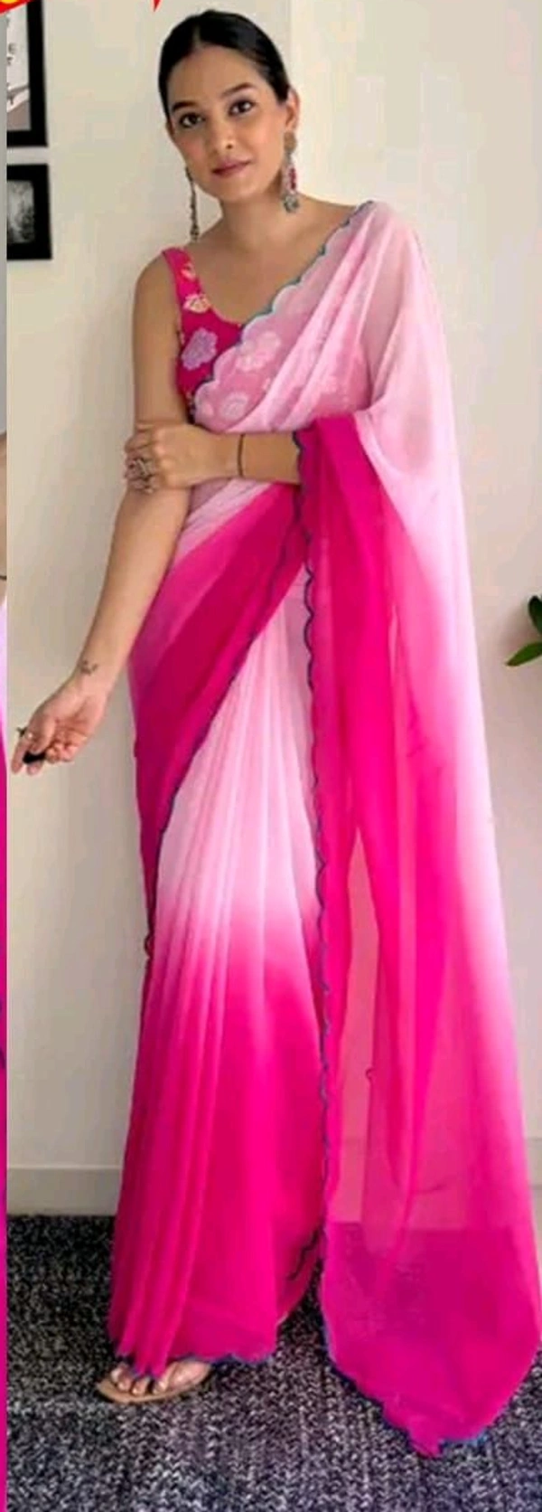 SUPRIYA Plain Saree With Multi Colours - Pink Flamingo