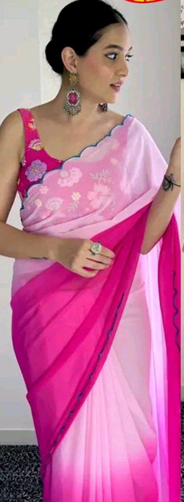 SUPRIYA Plain Saree With Multi Colours - Pink Flamingo