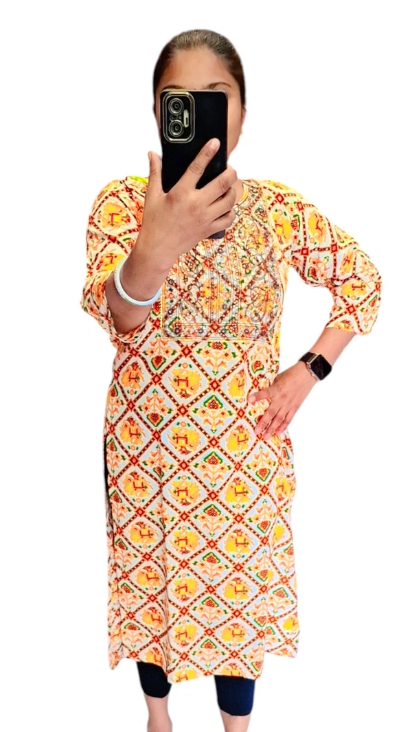 REYON PRINTED KURTI.. Dress for Women |  Printed Dress  - XL, Corn