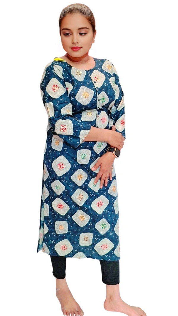 PRITED BLUE STRAIGHT KURTI  - XL, Eastern Blue