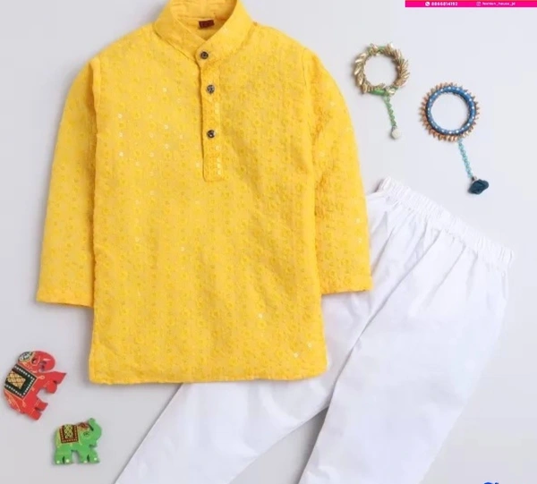Embellished & Embroidery Kurta Pyjama Set - YELLOW