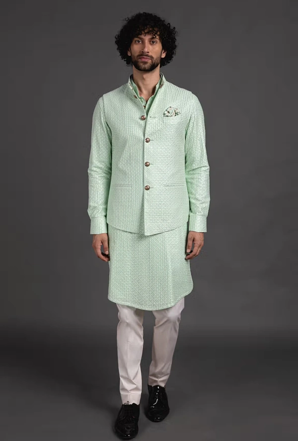 Arjan Dugal Green Chanderi Silk Bundi And Kurta Set - S