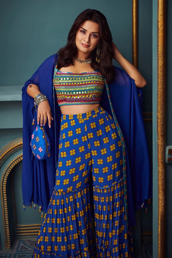 Blue Cotton Silk Cape And Printed Gharara Set - M