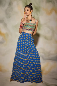 Blue Cotton Silk Cape And Printed Gharara Set - M