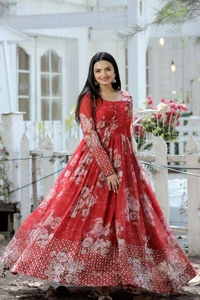 Digital Printed Faux Georgette Gown - Red