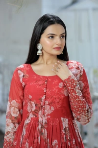 Digital Printed Faux Georgette Gown - Red