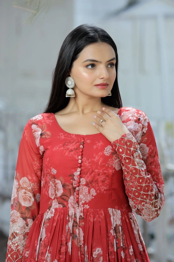 Digital Printed Faux Georgette Gown - Red