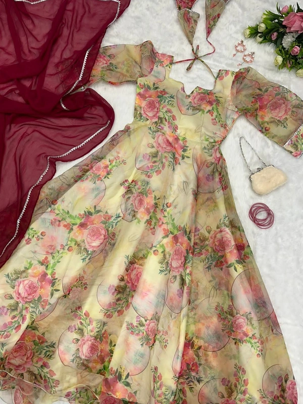 Digital Printed Organza Silk Suit With 8mtr Huge Flair