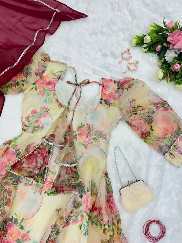 Digital Printed Organza Silk Suit With 8mtr Huge Flair