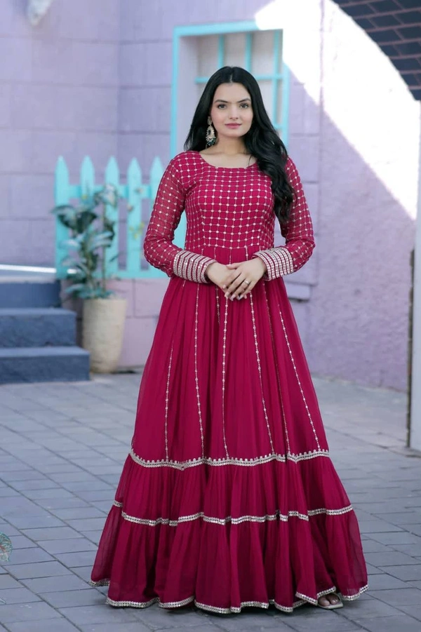 Faux Blooming gown with Sequins Multi Silver jari Embroidered Work  It looks graceful for women  it Designed to flatter all body types gowns for women combine the best parts of western and Indian wear into one stunning ensemble - wine