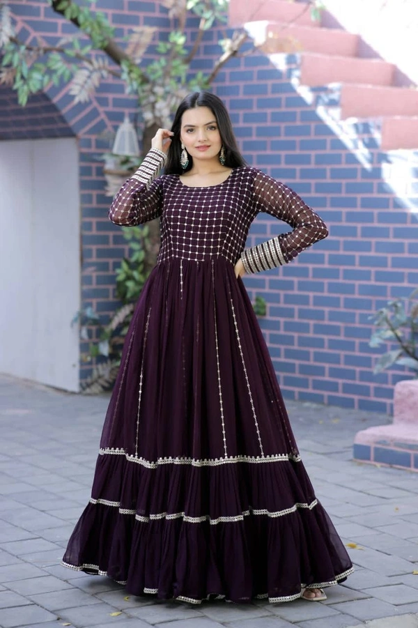 Faux Blooming gown with Sequins Multi Silver jari Embroidered Work  It looks graceful for women  it Designed to flatter all body types gowns for women combine the best parts of western and Indian wear into one stunning ensemble - wine