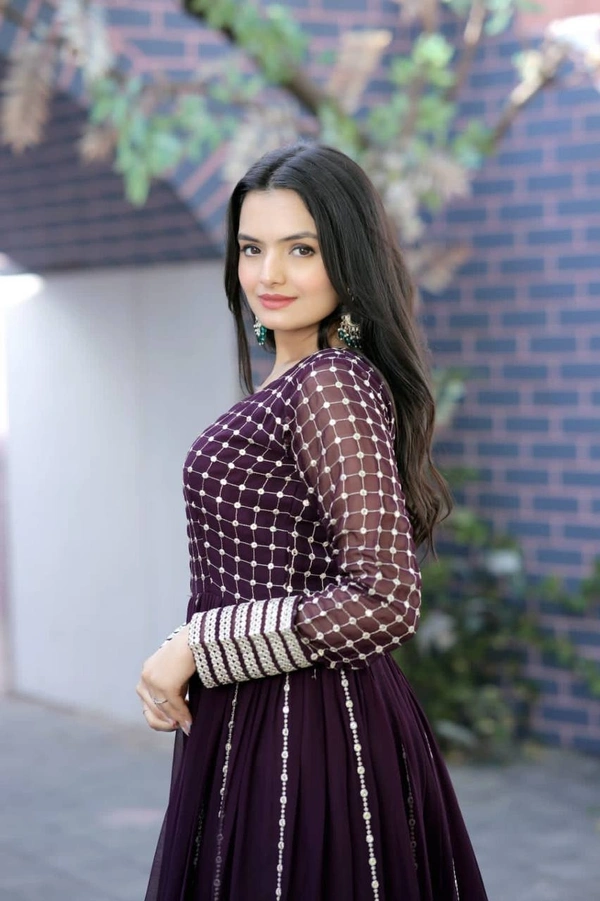 Faux Blooming gown with Sequins Multi Silver jari Embroidered Work  It looks graceful for women  it Designed to flatter all body types gowns for women combine the best parts of western and Indian wear into one stunning ensemble - wine