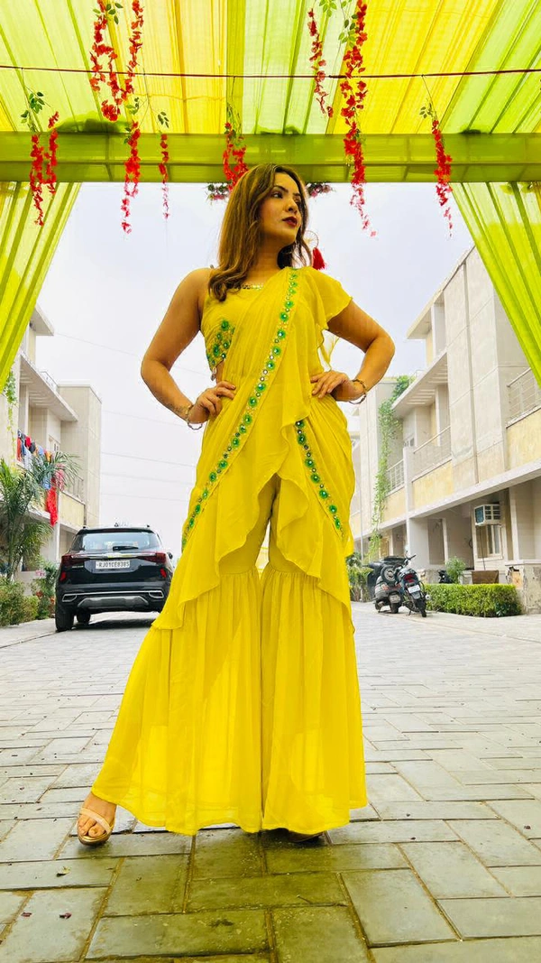 GET READY FOR UPCOMING FESTIVITIES AND WEDDING CELEBRATIONS WITH THIS GARARA DRAPE READY TO WEAR SAREE WITH TWO BLOUSE OPTIONS EMBELLISHED WITH REAL MIRROR HAND WORK AND ZARI EMBROIDERY, KAUDI HANGINGS. - Xs (34)