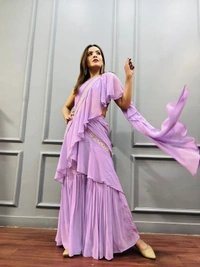 GET READY FOR UPCOMING FESTIVITIES AND WEDDING CELEBRATIONS WITH THIS GARARA DRAPE READY TO WEAR SAREE WITH EMBELLISHED WITH REAL MIRROR HAND WORK AND ZARI, RESHAM EMBROIDERY, KAUDI HANGINGS - Xs (34)