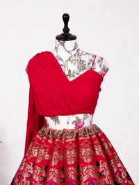 Step into with our best lehenga weaved perfectly and beautifully crafted with Banarasi design detailing This look is perfect of all your shaadi season styles be it sangeet  pooja kitty parties or brunches - Red