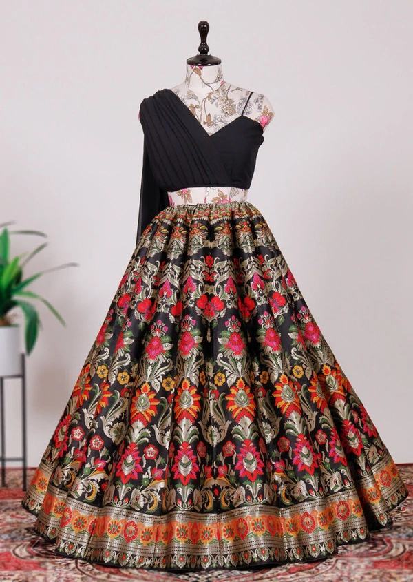 Step into with our best lehenga weaved perfectly and beautifully crafted with Banarasi design detailing This look is perfect of all your shaadi season styles be it sangeet  pooja kitty parties or brunches - Black