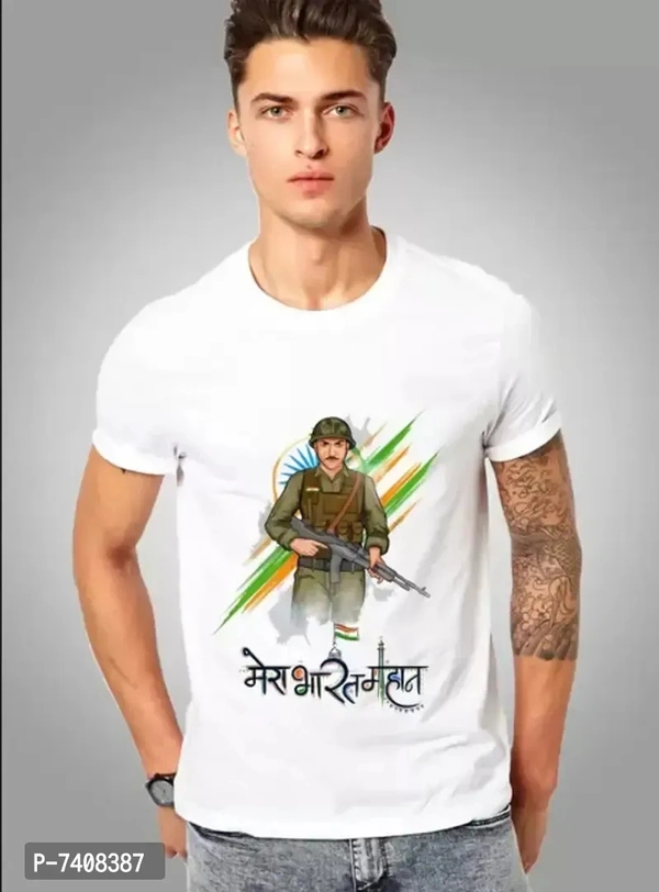 Stunning White Polyester Printed Mera Bharat Mahan Tees For Men - M, White