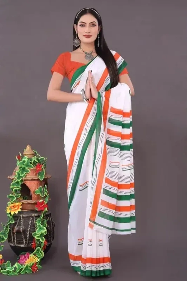 TIRANGA SILK SAREE Pure Silk Saree  (Orange, White, Green) - 6.00 Meters