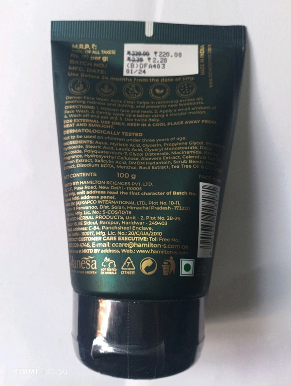 Denver Acne Clear Face Wash - 100 Gram